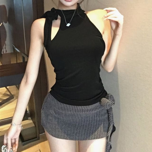 Pencil Flower Waist Low / Skirt Top Mini Halter Detail Mock Neck Plain