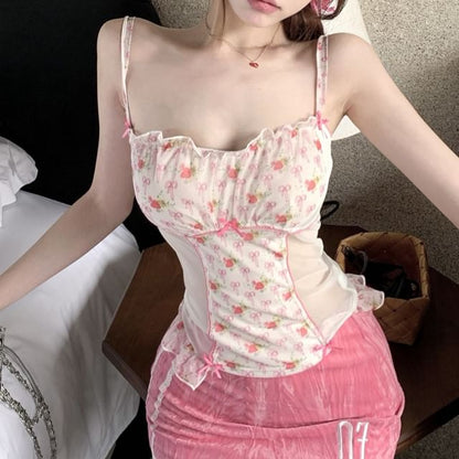 / Panel Print High Mini Patterned Bow Rise Lace Ruffle Top Floral Pencil Camisole Trim Skirt Mest