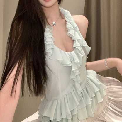 / Mini Rise Top Plain Asymmetrical Ruffle Scoop A-Line Neck High Halter Skirt