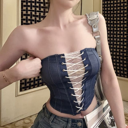 Tube Lace Lace-Up Panel Top Striped Denim