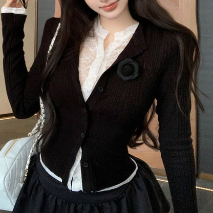 Fit Plain Lace Ribbed Mock Trim Cardigan Slim Two-Piece