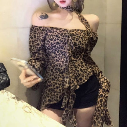 Leopard Asymmetrical Print Long-Sleeve Blouse Ruffled Choker-Neck
