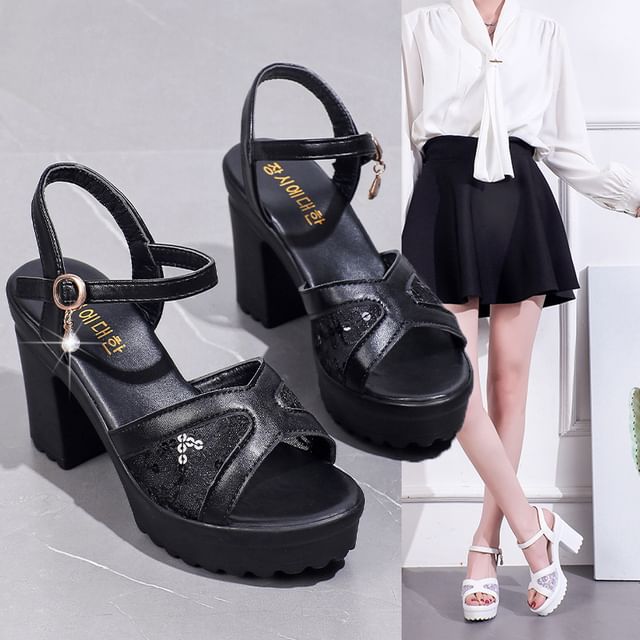 Sandals Heel Chunky Sequined Platform