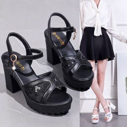 Sandals Heel Chunky Sequined Platform