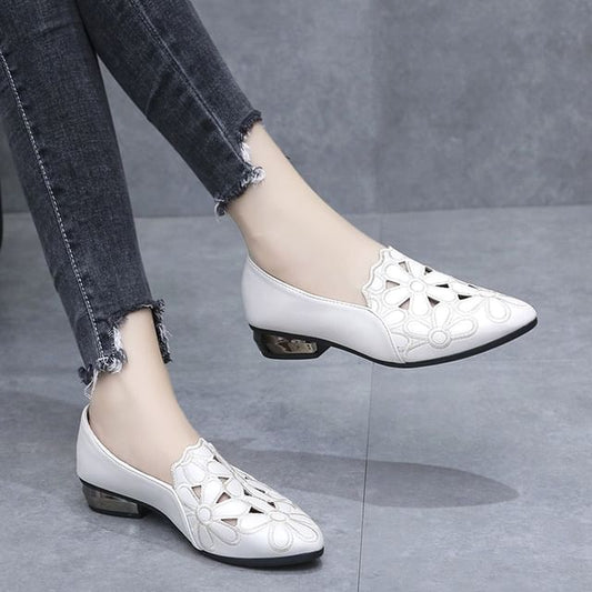 Chunky Heel Pumps Floral Embroidered