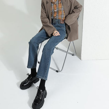 Waist (Various Designs) Washed Straight Jeans Leg High