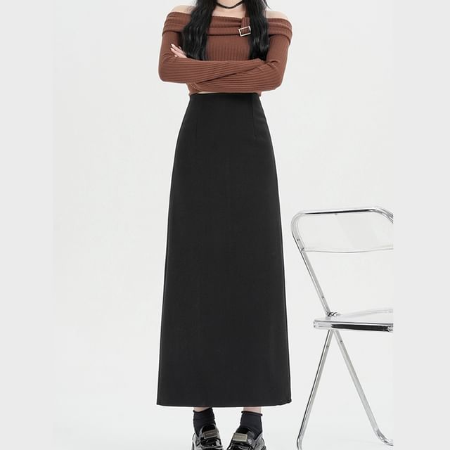 High Skirt Back Midi Plain Slit Waist A-Line