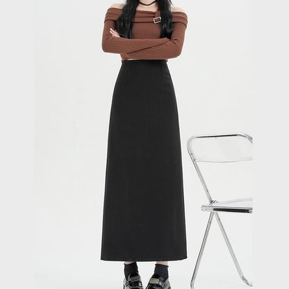 High Skirt Back Midi Plain Slit Waist A-Line
