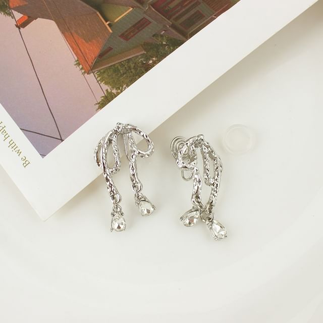 Bow Drop Earring Clip Rhinestone On /