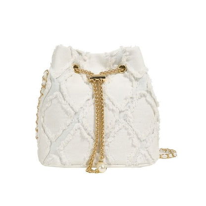 Strap Bucket Bag Frayed Drawstring Chain