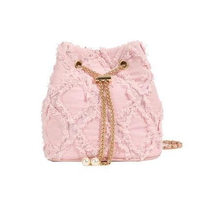Strap Bucket Bag Frayed Drawstring Chain