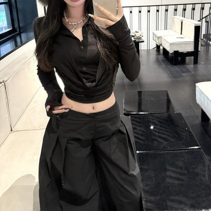 Pleated Inverted Plain Tee Cropped Pants Leg Rise Wide Low Collar / Long-Sleeve