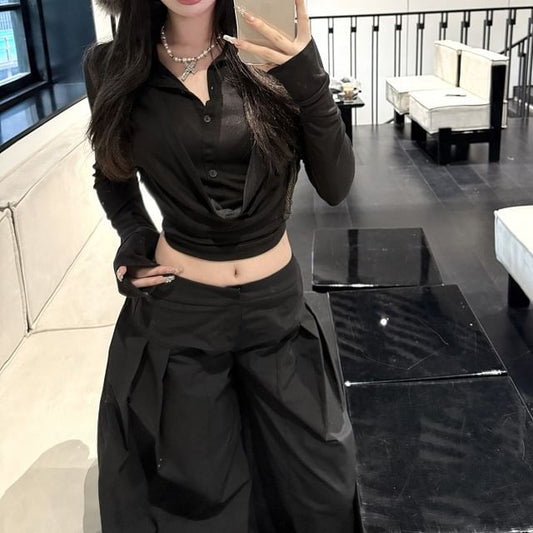 Pleated Inverted Plain Tee Cropped Pants Leg Rise Wide Low Collar / Long-Sleeve