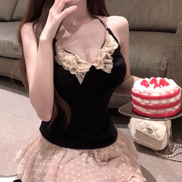 Mini Rise Scoop Dotted Asymmetrical Mid / Halter Top Skirt A-Line Lace Trim Neck Plain