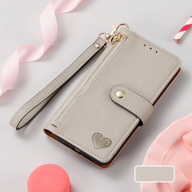 Heart Embroidered Folio Faux Leather Phone Case