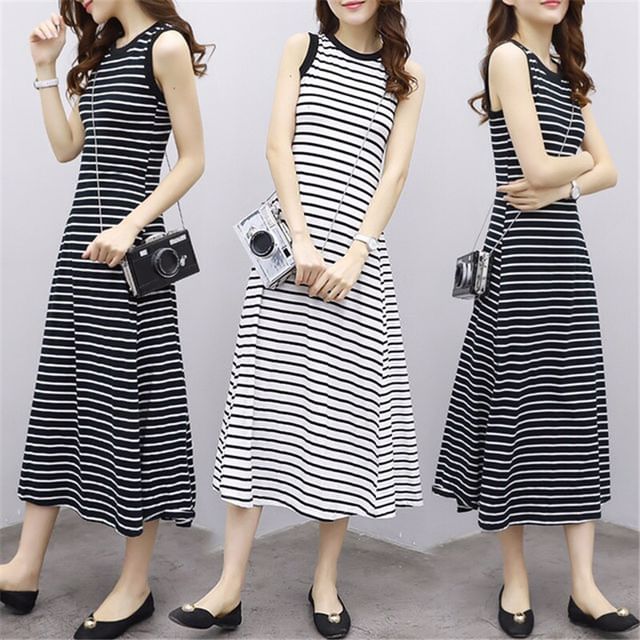 Tank Striped Neck Midi Crew A-Line Dress