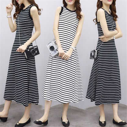 Tank Striped Neck Midi Crew A-Line Dress