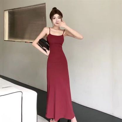 Plain Neck Midi Spaghetti Dress Strap Bodycon Scoop