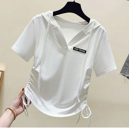 V-Neck Drawstring Short-Sleeve Tee Lettering