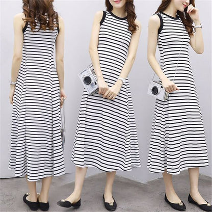 Tank Striped Neck Midi Crew A-Line Dress