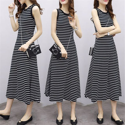 Tank Striped Neck Midi Crew A-Line Dress
