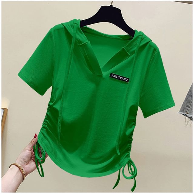 V-Neck Drawstring Short-Sleeve Tee Lettering