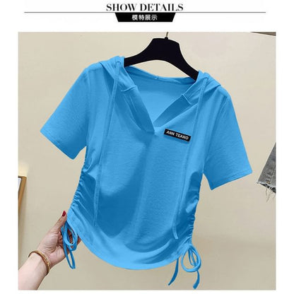 V-Neck Drawstring Short-Sleeve Tee Lettering