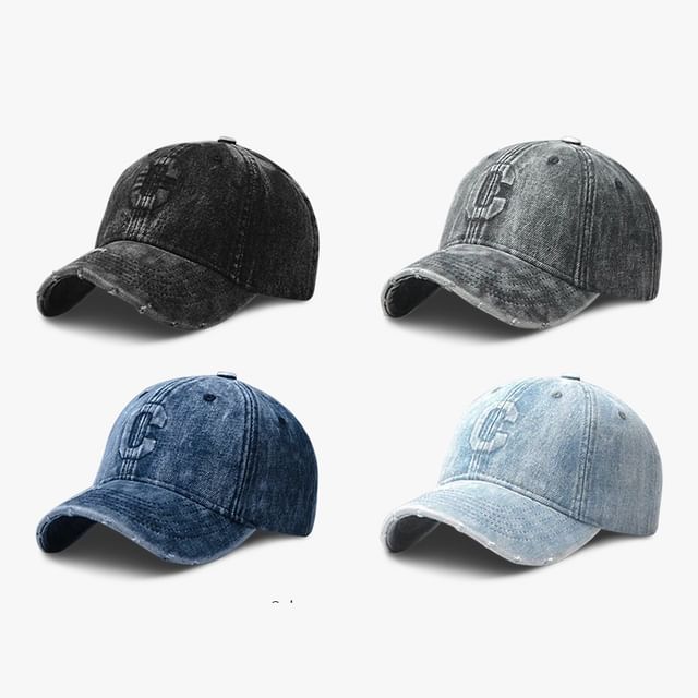 Distressed Denim Embroidered Cap Washed Baseball Lettering