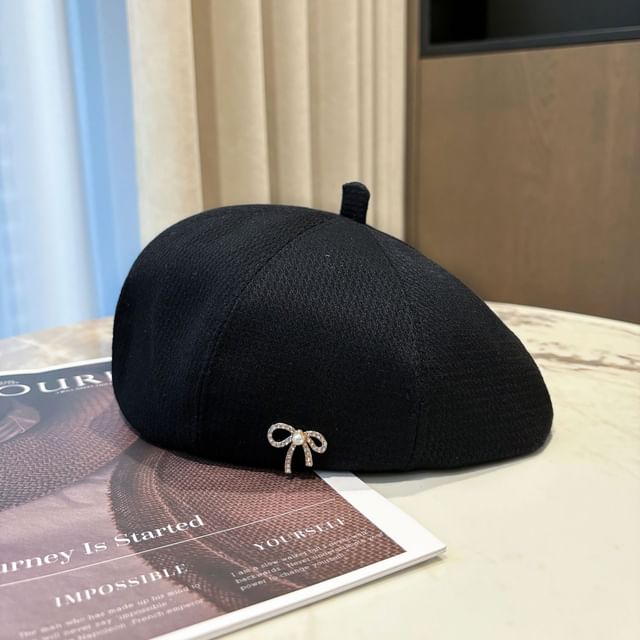 Bow Beret Rhinestone Faux Pearl