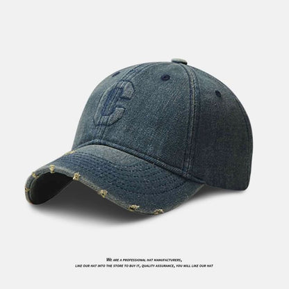 Distressed Denim Embroidered Cap Washed Baseball Lettering