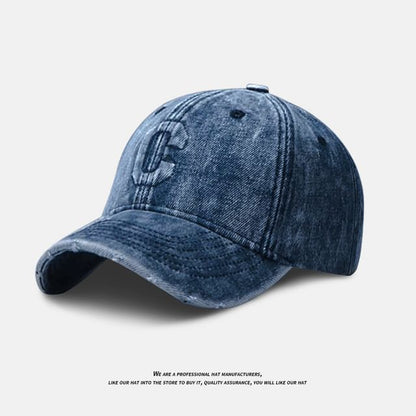 Distressed Denim Embroidered Cap Washed Baseball Lettering