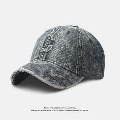 Distressed Denim Embroidered Cap Washed Baseball Lettering