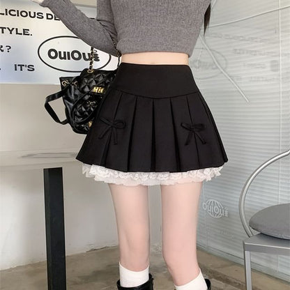 A-Line Lace Bow Skirt Panel High Mini Waist Pleated