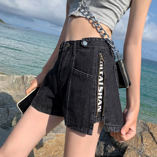 Waist Washed Denim Slit Shorts High Zip Lettering Print