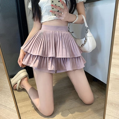 A-Line High Waist Accordion Plain Pleated Ruffle Skirt Mini