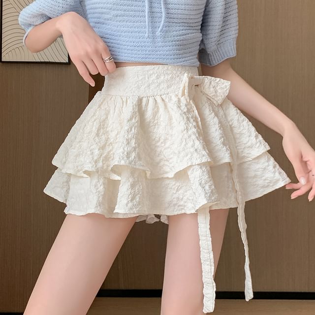 A-Line Ruffle High Waist Bow Mini Skirt Plain