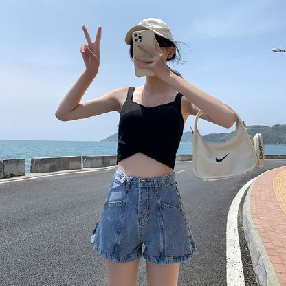 Waist Washed Denim Slit Shorts High Zip Lettering Print