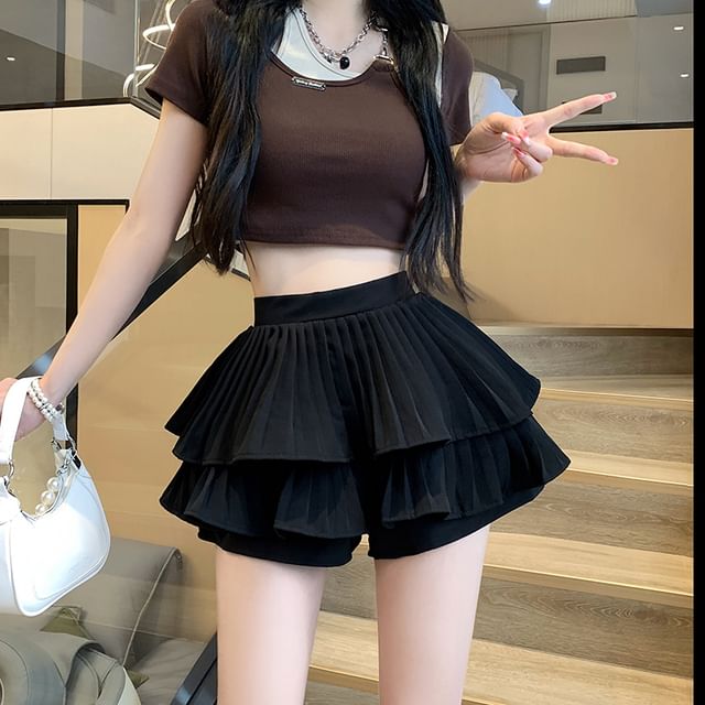 A-Line High Waist Accordion Plain Pleated Ruffle Skirt Mini