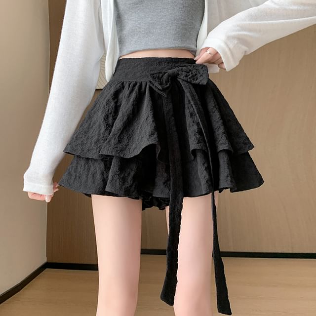 A-Line Ruffle High Waist Bow Mini Skirt Plain