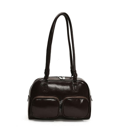 Leather Plain Bowler Bag Faux