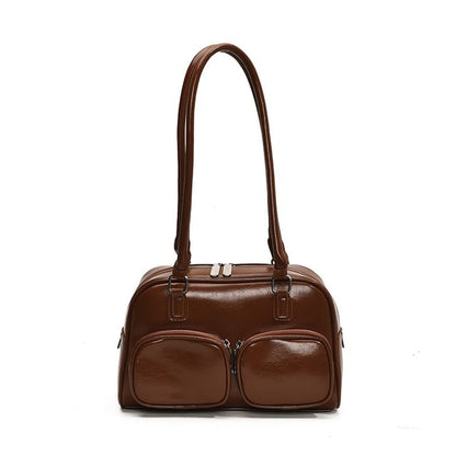 Leather Plain Bowler Bag Faux