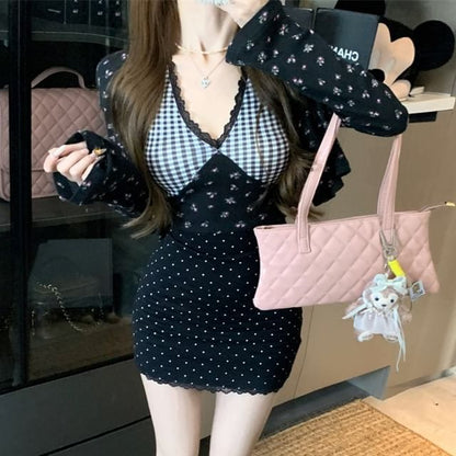 Dress / Floral Print Mini Panel Top Plaid Cardigan Crop Cami