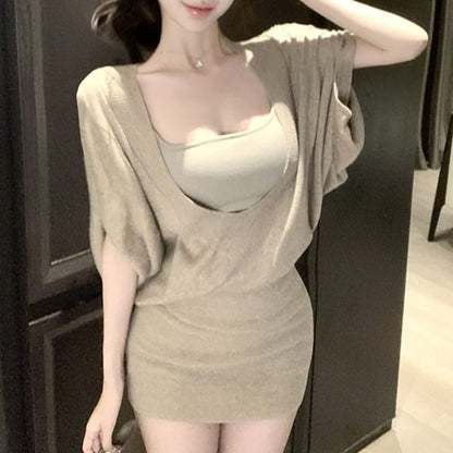 / Elbow-Sleeve Sheath Mini Dress Camisole Plain Top