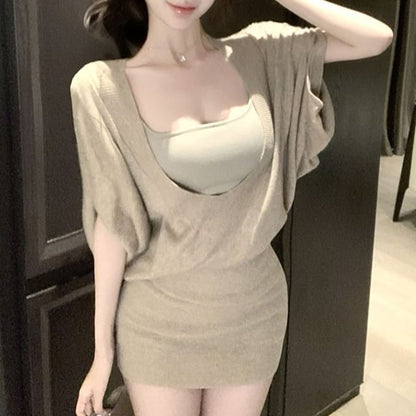 / Elbow-Sleeve Sheath Mini Dress Camisole Plain Top