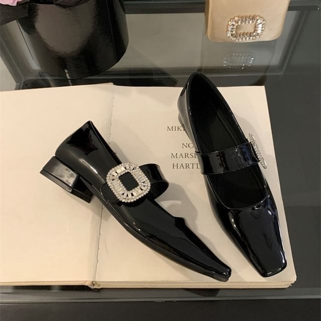 Mary Rhinestone Low Jane Buckle Pumps Heel