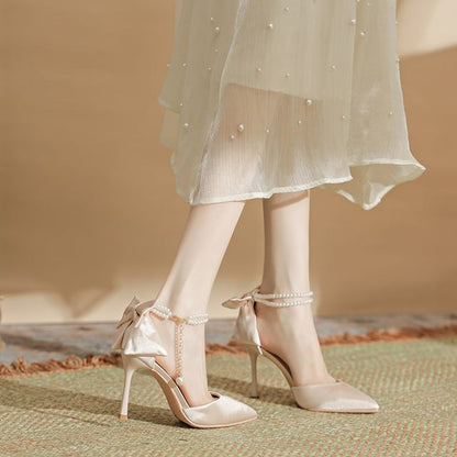 Stiletto Sandals Faux Pearl Heel Bow Strap