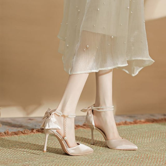 Stiletto Sandals Faux Pearl Heel Bow Strap