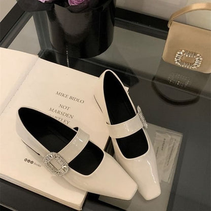 Mary Rhinestone Low Jane Buckle Pumps Heel