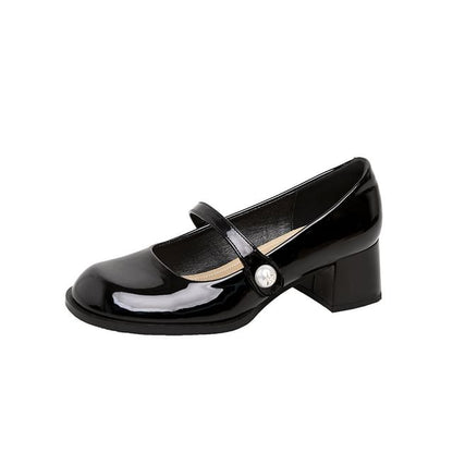 Round Jane Mary Block Toe Heel Pumps
