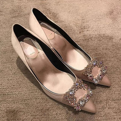 Pointed Heel Kitten Rhinestone Pumps